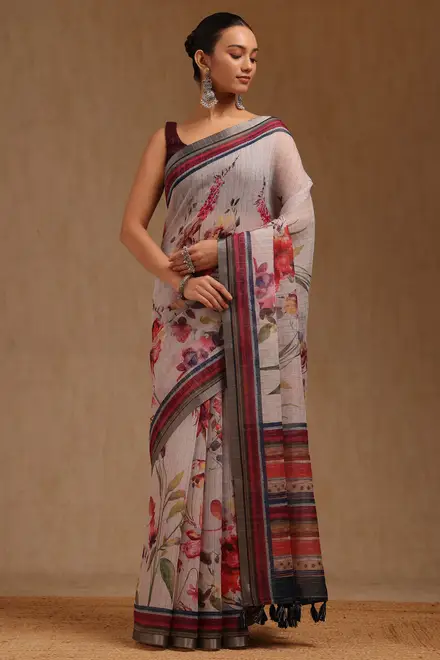Off White Linen Botanical Print Saree